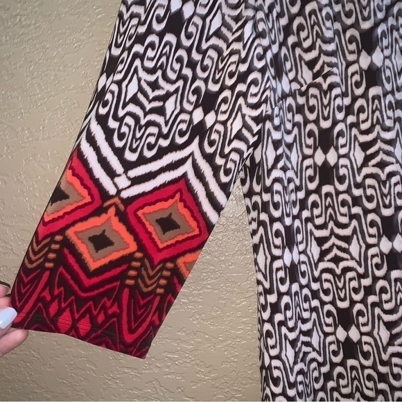 NINE WEST 3/4-sleeve Dress Stretch Straight Hem Aztec Brown Red Orange Womens 12 - Picture 2 of 11